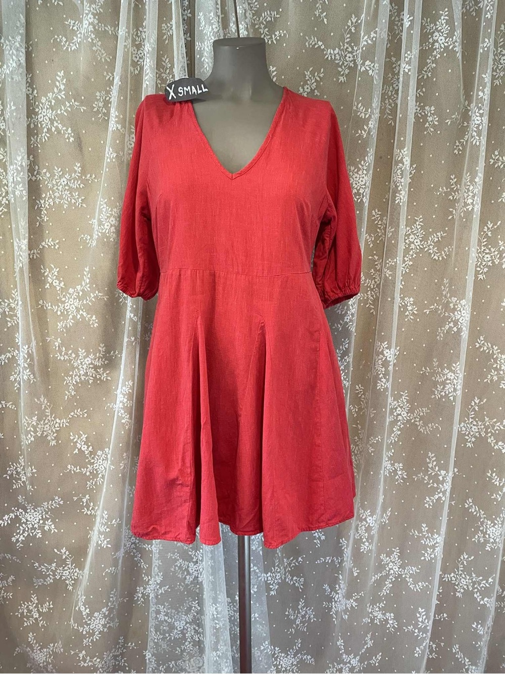 XS Universal Thread Red V-Neck Puff Sleeve Mini Dress